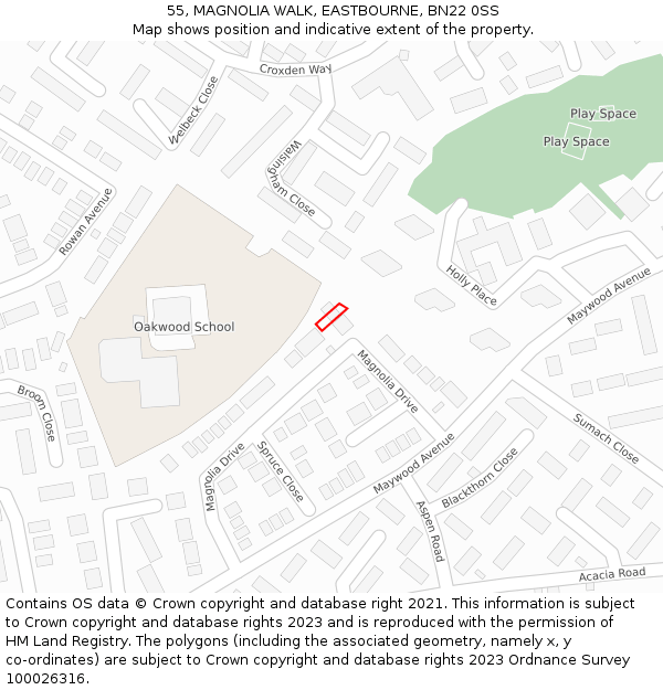 55, MAGNOLIA WALK, EASTBOURNE, BN22 0SS: Location map and indicative extent of plot
