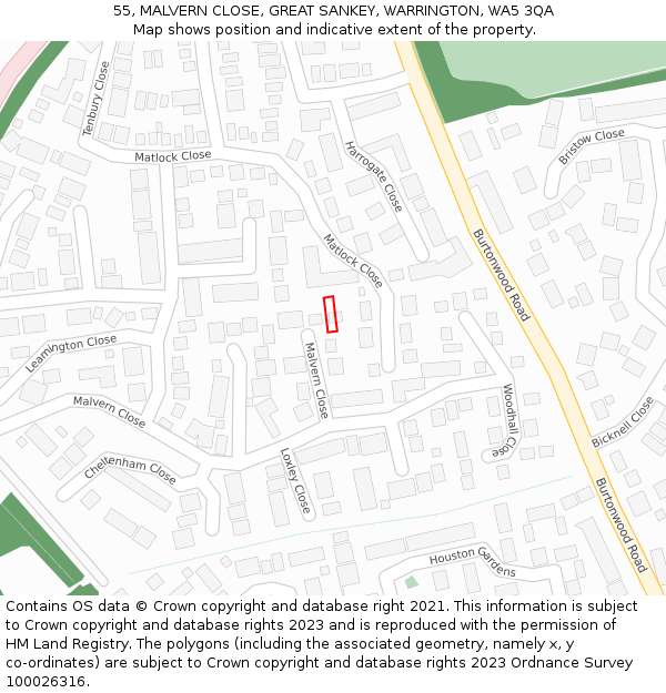 55, MALVERN CLOSE, GREAT SANKEY, WARRINGTON, WA5 3QA: Location map and indicative extent of plot