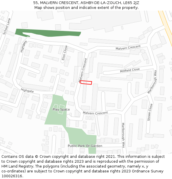 55, MALVERN CRESCENT, ASHBY-DE-LA-ZOUCH, LE65 2JZ: Location map and indicative extent of plot