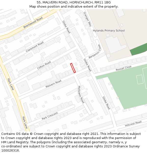55, MALVERN ROAD, HORNCHURCH, RM11 1BG: Location map and indicative extent of plot