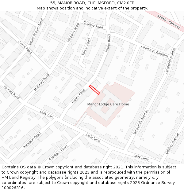 55, MANOR ROAD, CHELMSFORD, CM2 0EP: Location map and indicative extent of plot