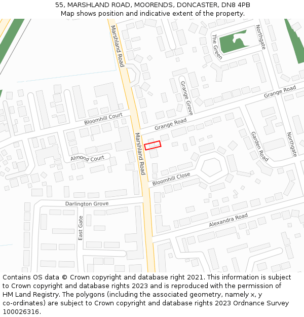55, MARSHLAND ROAD, MOORENDS, DONCASTER, DN8 4PB: Location map and indicative extent of plot