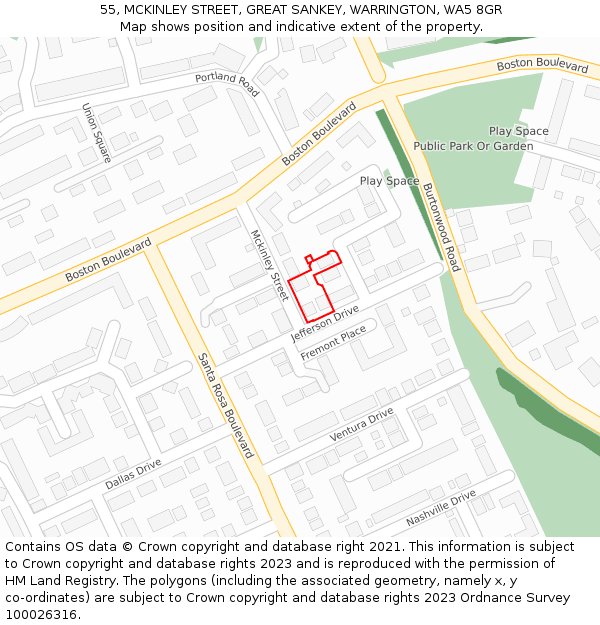 55, MCKINLEY STREET, GREAT SANKEY, WARRINGTON, WA5 8GR: Location map and indicative extent of plot