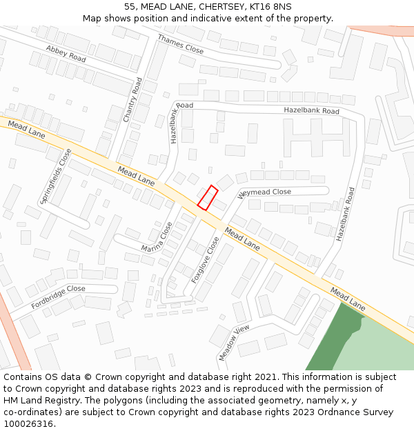 55, MEAD LANE, CHERTSEY, KT16 8NS: Location map and indicative extent of plot