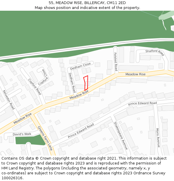 55, MEADOW RISE, BILLERICAY, CM11 2ED: Location map and indicative extent of plot