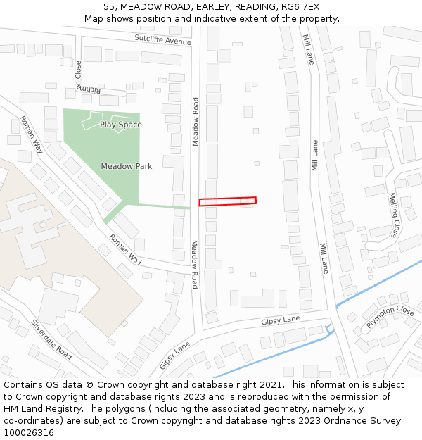 55, MEADOW ROAD, EARLEY, READING, RG6 7EX: Location map and indicative extent of plot