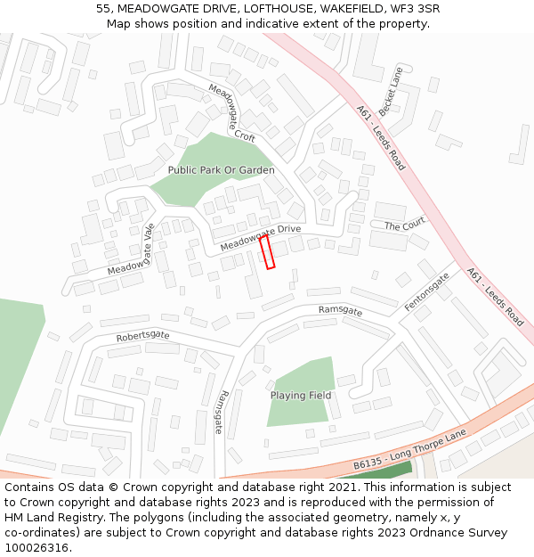 55, MEADOWGATE DRIVE, LOFTHOUSE, WAKEFIELD, WF3 3SR: Location map and indicative extent of plot
