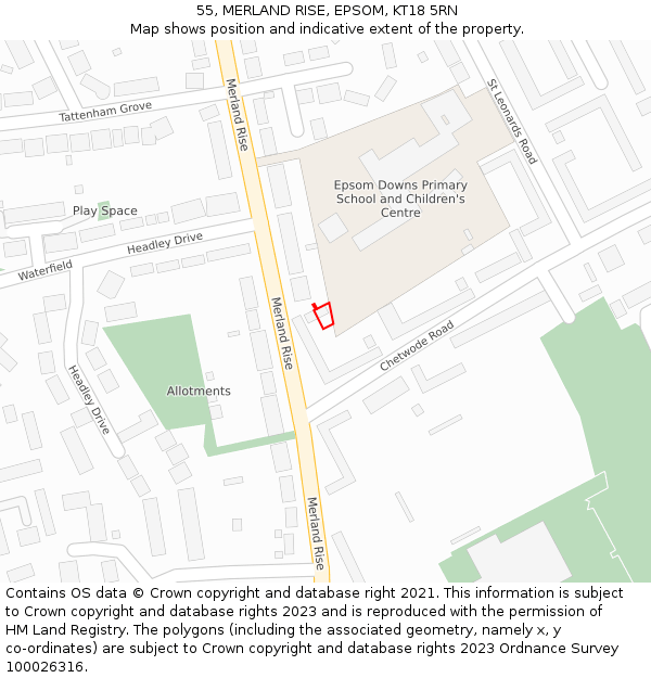 55, MERLAND RISE, EPSOM, KT18 5RN: Location map and indicative extent of plot