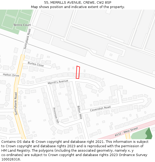 55, MERRILLS AVENUE, CREWE, CW2 8SP: Location map and indicative extent of plot