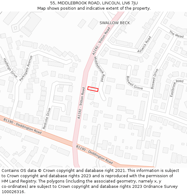 55, MIDDLEBROOK ROAD, LINCOLN, LN6 7JU: Location map and indicative extent of plot