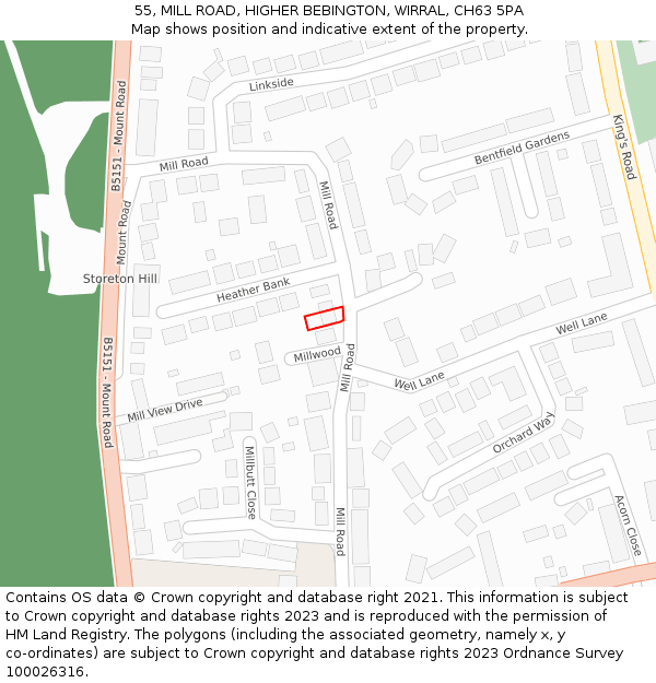 55, MILL ROAD, HIGHER BEBINGTON, WIRRAL, CH63 5PA: Location map and indicative extent of plot