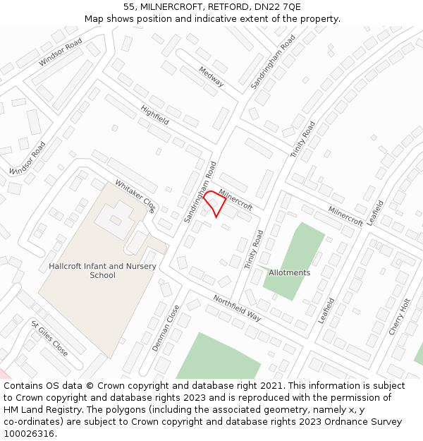 55, MILNERCROFT, RETFORD, DN22 7QE: Location map and indicative extent of plot
