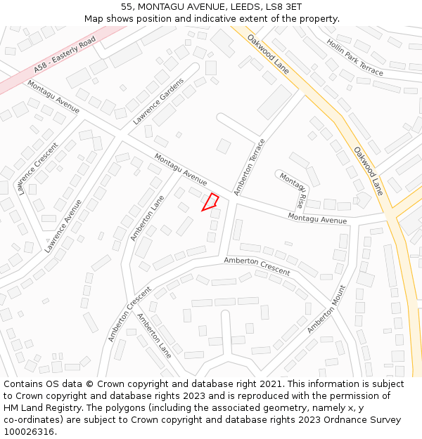 55, MONTAGU AVENUE, LEEDS, LS8 3ET: Location map and indicative extent of plot