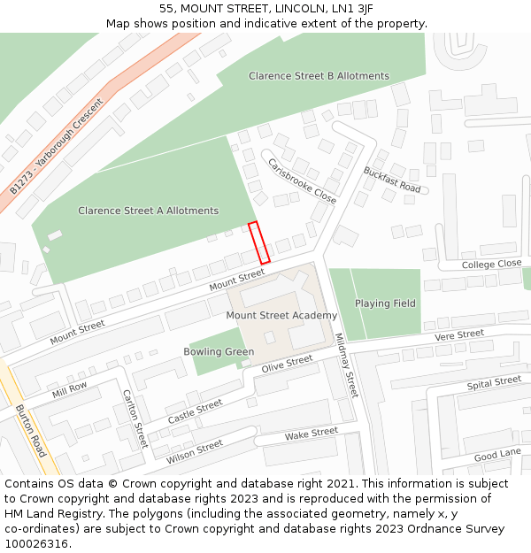 55, MOUNT STREET, LINCOLN, LN1 3JF: Location map and indicative extent of plot