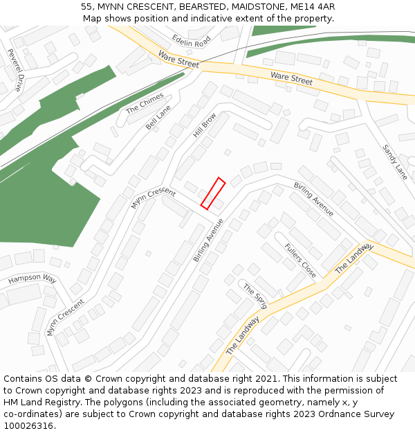 55, MYNN CRESCENT, BEARSTED, MAIDSTONE, ME14 4AR: Location map and indicative extent of plot