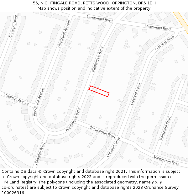 55, NIGHTINGALE ROAD, PETTS WOOD, ORPINGTON, BR5 1BH: Location map and indicative extent of plot