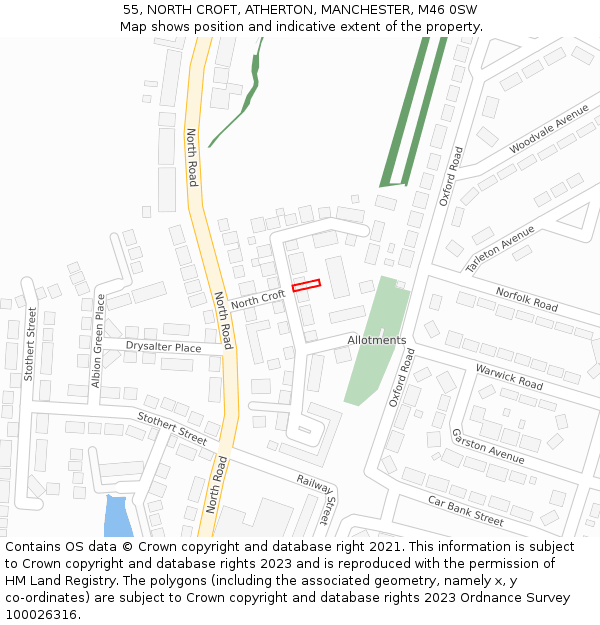 55, NORTH CROFT, ATHERTON, MANCHESTER, M46 0SW: Location map and indicative extent of plot