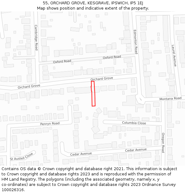 55, ORCHARD GROVE, KESGRAVE, IPSWICH, IP5 1EJ: Location map and indicative extent of plot