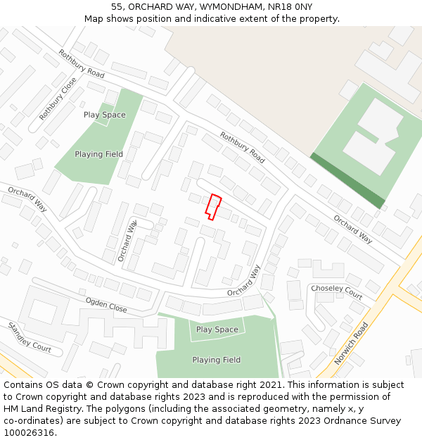 55, ORCHARD WAY, WYMONDHAM, NR18 0NY: Location map and indicative extent of plot