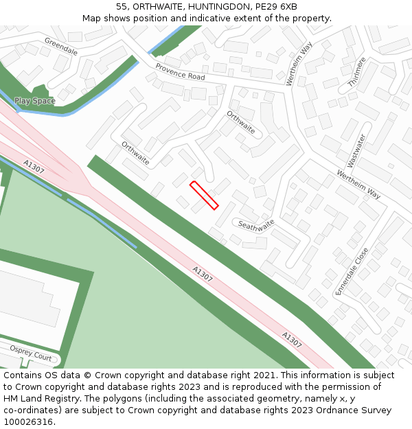 55, ORTHWAITE, HUNTINGDON, PE29 6XB: Location map and indicative extent of plot