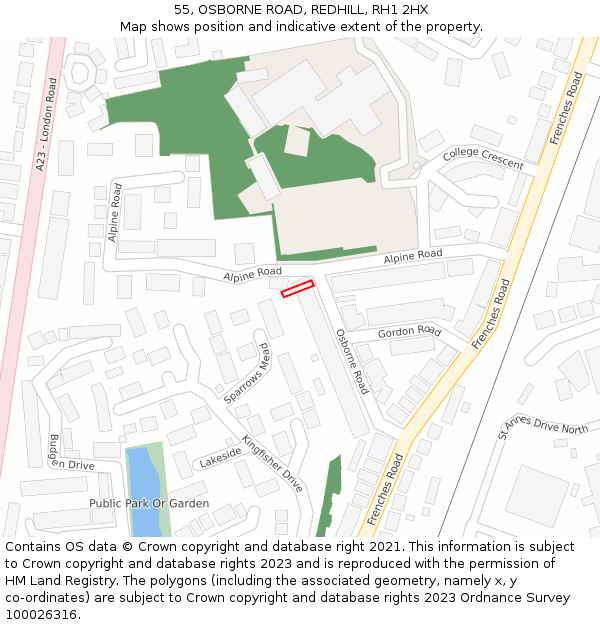 55, OSBORNE ROAD, REDHILL, RH1 2HX: Location map and indicative extent of plot