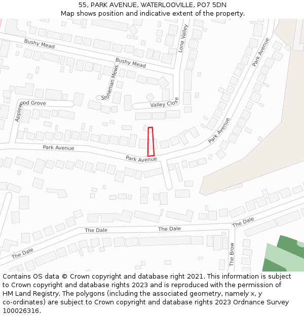 55, PARK AVENUE, WATERLOOVILLE, PO7 5DN: Location map and indicative extent of plot