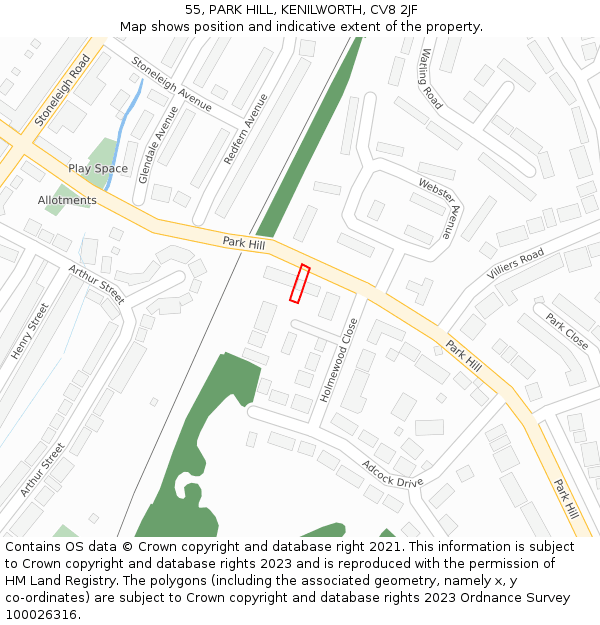 55, PARK HILL, KENILWORTH, CV8 2JF: Location map and indicative extent of plot