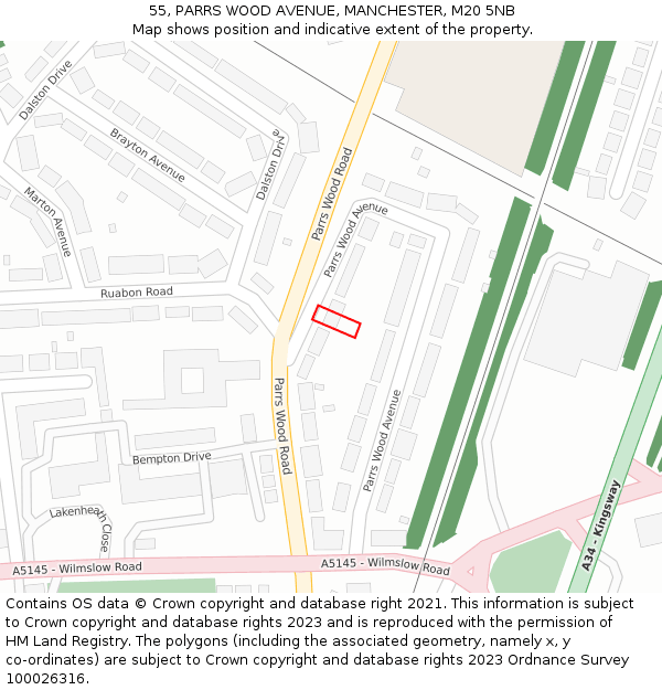 55, PARRS WOOD AVENUE, MANCHESTER, M20 5NB: Location map and indicative extent of plot