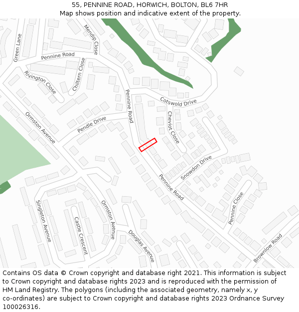 55, PENNINE ROAD, HORWICH, BOLTON, BL6 7HR: Location map and indicative extent of plot