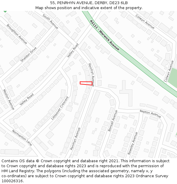 55, PENRHYN AVENUE, DERBY, DE23 6LB: Location map and indicative extent of plot