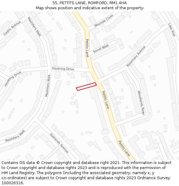 55, PETTITS LANE, ROMFORD, RM1 4HA: Location map and indicative extent of plot