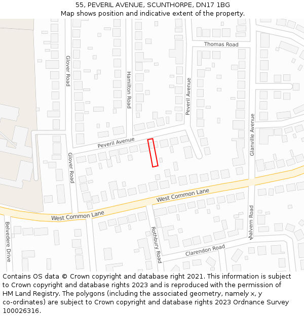 55, PEVERIL AVENUE, SCUNTHORPE, DN17 1BG: Location map and indicative extent of plot