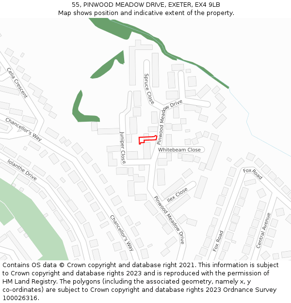 55, PINWOOD MEADOW DRIVE, EXETER, EX4 9LB: Location map and indicative extent of plot