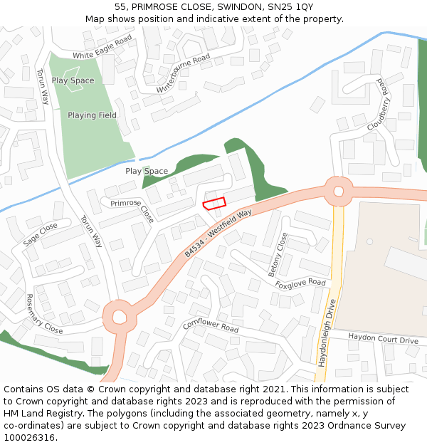 55, PRIMROSE CLOSE, SWINDON, SN25 1QY: Location map and indicative extent of plot