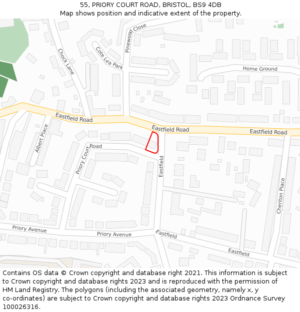 55, PRIORY COURT ROAD, BRISTOL, BS9 4DB: Location map and indicative extent of plot