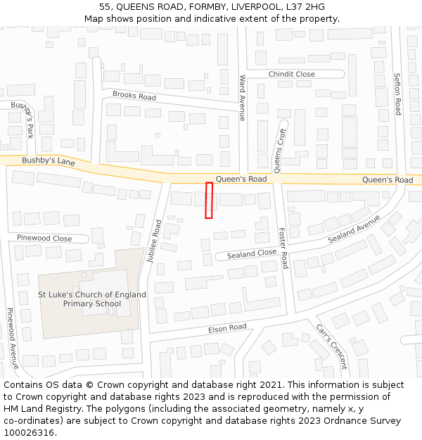 55, QUEENS ROAD, FORMBY, LIVERPOOL, L37 2HG: Location map and indicative extent of plot