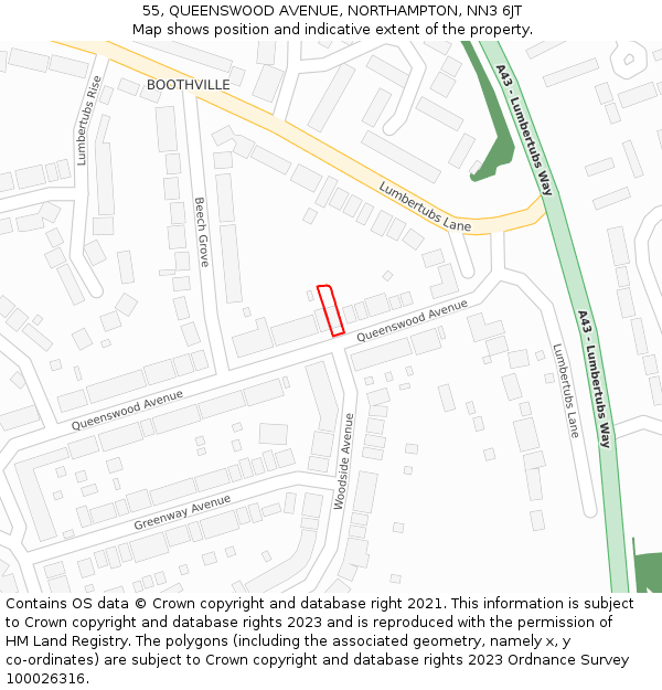 55, QUEENSWOOD AVENUE, NORTHAMPTON, NN3 6JT: Location map and indicative extent of plot