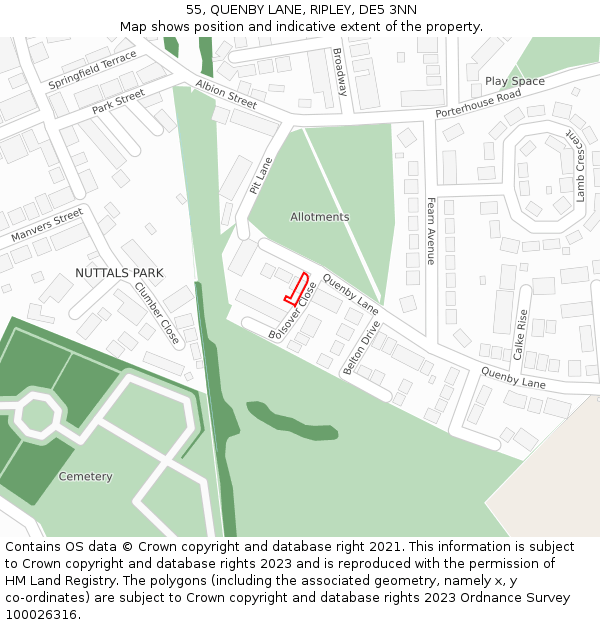 55, QUENBY LANE, RIPLEY, DE5 3NN: Location map and indicative extent of plot