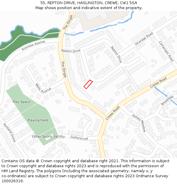 55, REPTON DRIVE, HASLINGTON, CREWE, CW1 5SA: Location map and indicative extent of plot