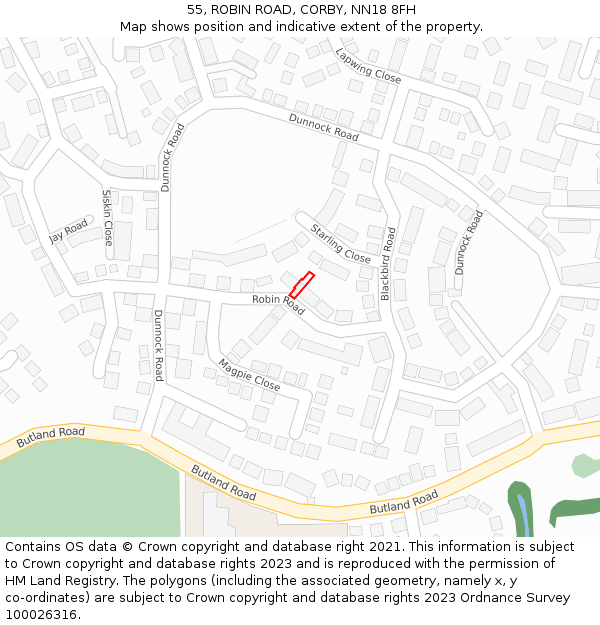55, ROBIN ROAD, CORBY, NN18 8FH: Location map and indicative extent of plot