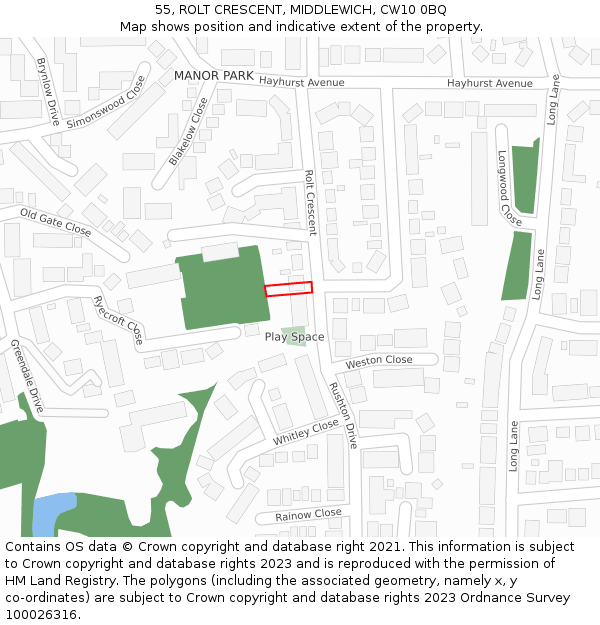 55, ROLT CRESCENT, MIDDLEWICH, CW10 0BQ: Location map and indicative extent of plot