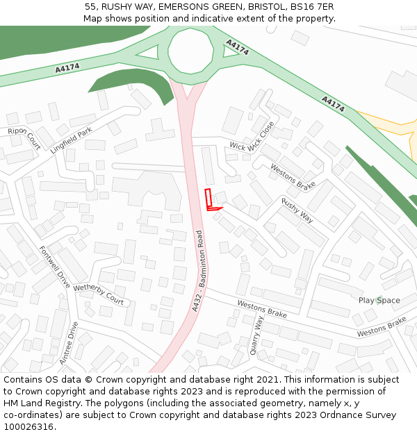 55, RUSHY WAY, EMERSONS GREEN, BRISTOL, BS16 7ER: Location map and indicative extent of plot