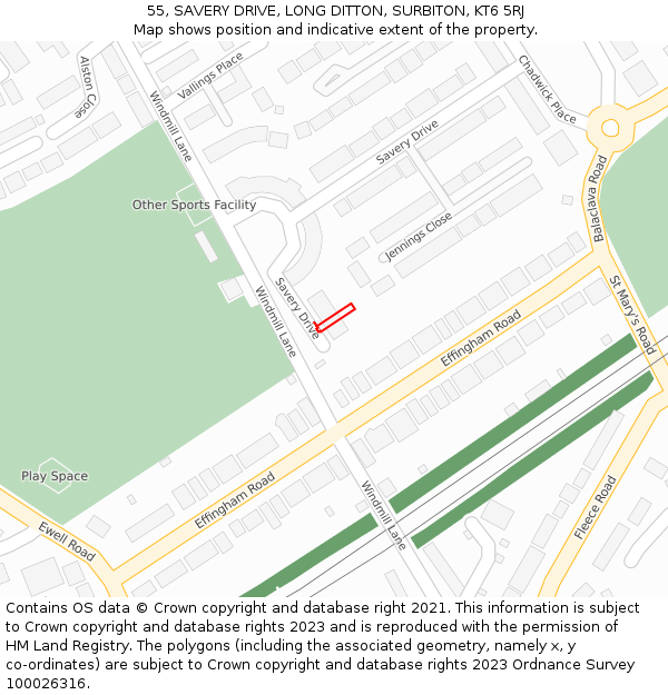 55, SAVERY DRIVE, LONG DITTON, SURBITON, KT6 5RJ: Location map and indicative extent of plot