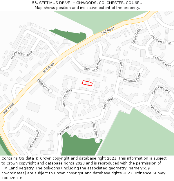 55, SEPTIMUS DRIVE, HIGHWOODS, COLCHESTER, CO4 9EU: Location map and indicative extent of plot