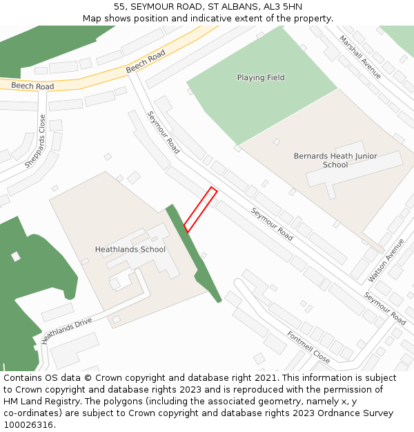 55, SEYMOUR ROAD, ST ALBANS, AL3 5HN: Location map and indicative extent of plot