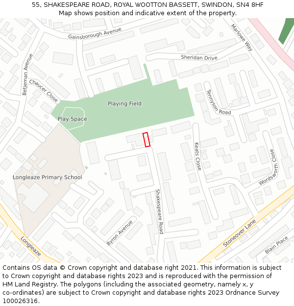 55, SHAKESPEARE ROAD, ROYAL WOOTTON BASSETT, SWINDON, SN4 8HF: Location map and indicative extent of plot