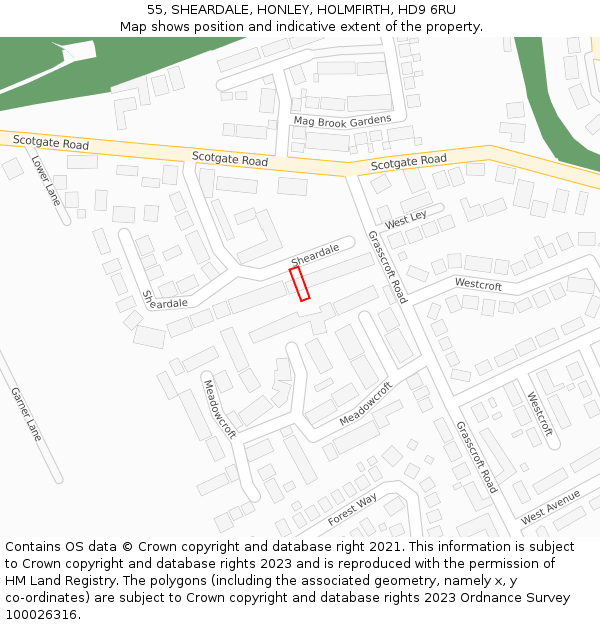 55, SHEARDALE, HONLEY, HOLMFIRTH, HD9 6RU: Location map and indicative extent of plot
