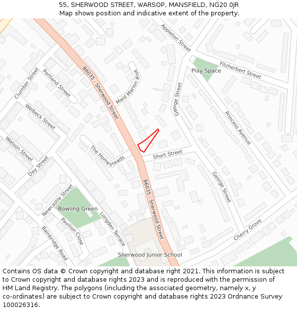 55, SHERWOOD STREET, WARSOP, MANSFIELD, NG20 0JR: Location map and indicative extent of plot