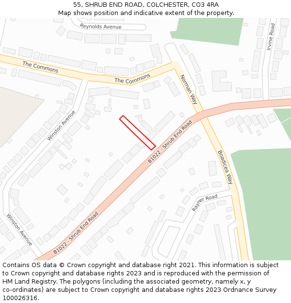 55, SHRUB END ROAD, COLCHESTER, CO3 4RA: Location map and indicative extent of plot