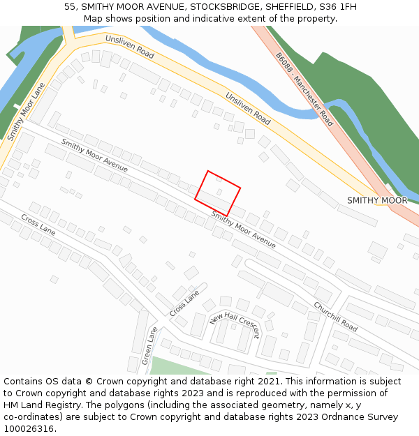 55, SMITHY MOOR AVENUE, STOCKSBRIDGE, SHEFFIELD, S36 1FH: Location map and indicative extent of plot